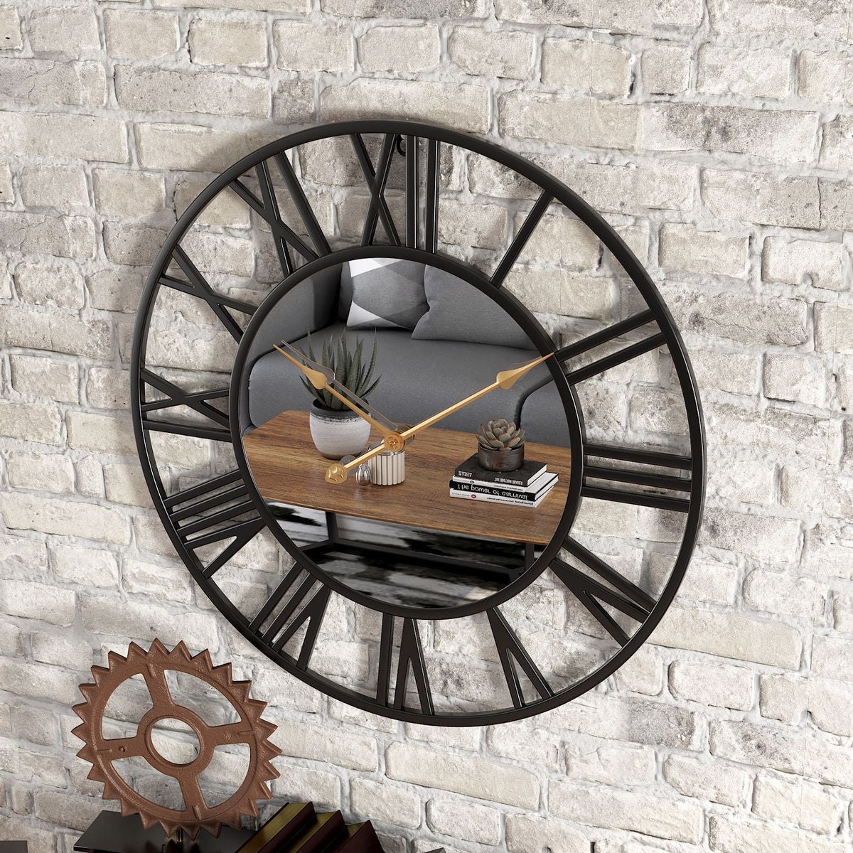 Vintage Metalen Wandklok met Spiegelaccenten Ø39cm Goud Zwart Industrieel Design Retro Woonkamer Decoratie | Sulvida