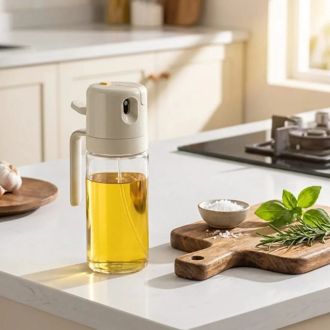 2-in-1-Ölspender mit Sprühfunktion und Ausgießer, Borosilikatglas, 550ml, Ölflasche für die Küche, für Essig und Soße | Sulvida