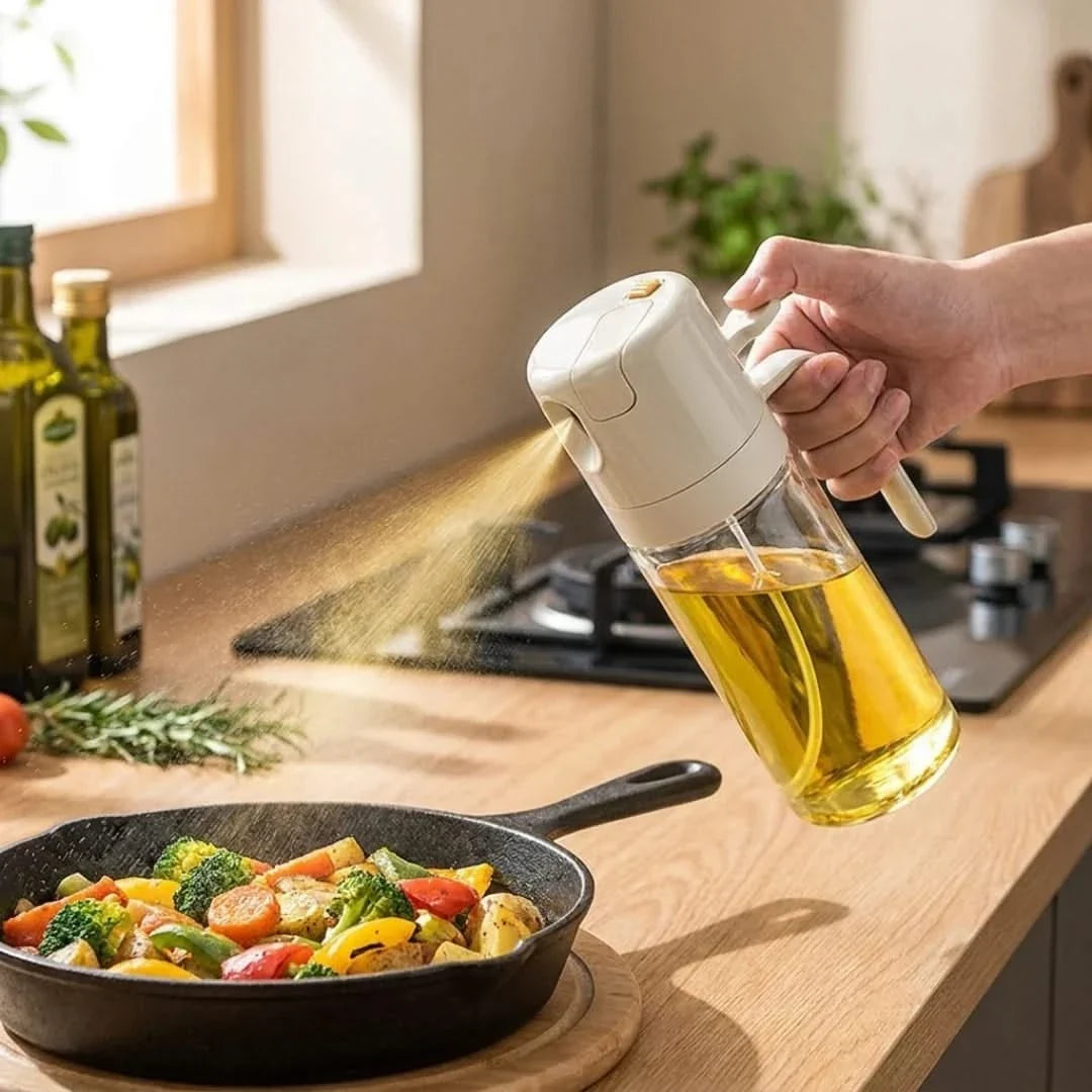 2-in-1-Ölspender mit Sprühfunktion und Ausgießer, Borosilikatglas, 550ml, Ölflasche für die Küche, für Essig und Soße | Sulvida
