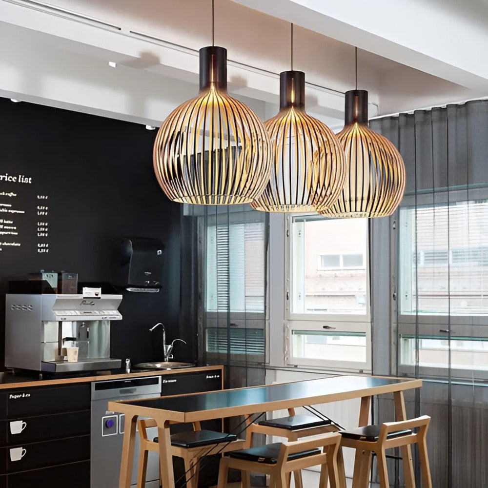 Houten hanglamp met gelaagde lamellen voor warme sfeerverlichting woonkamer eetkamer slaapkamer modern design | Sulvida