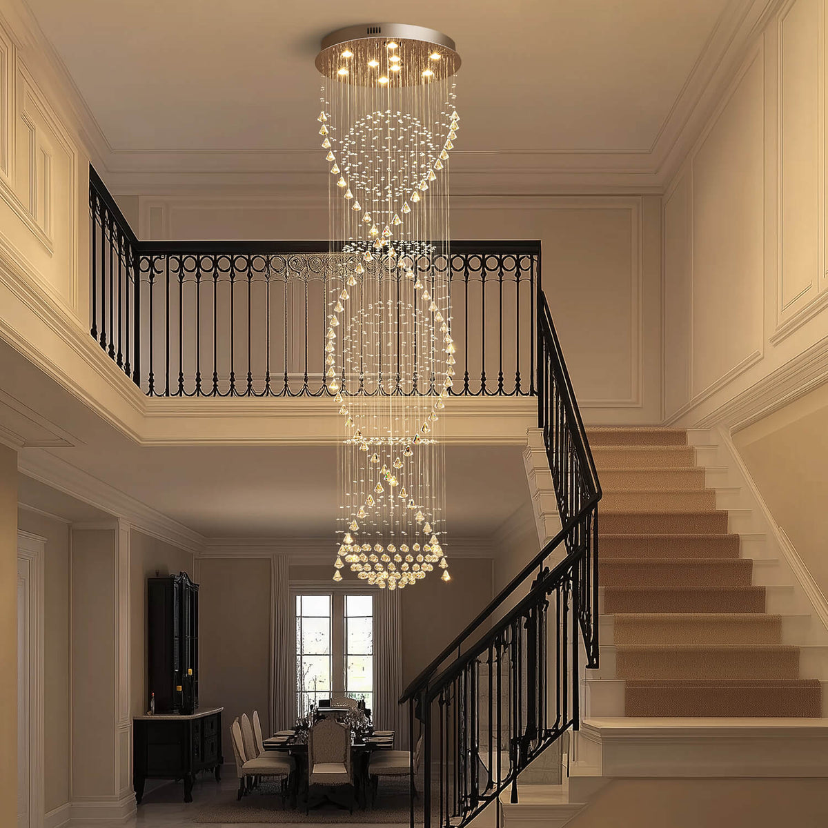 Kristallen kroonluchter spiraalvormig hangend chroom elegant modern design hal trap woonkamer sfeerverlichting | Sulvida