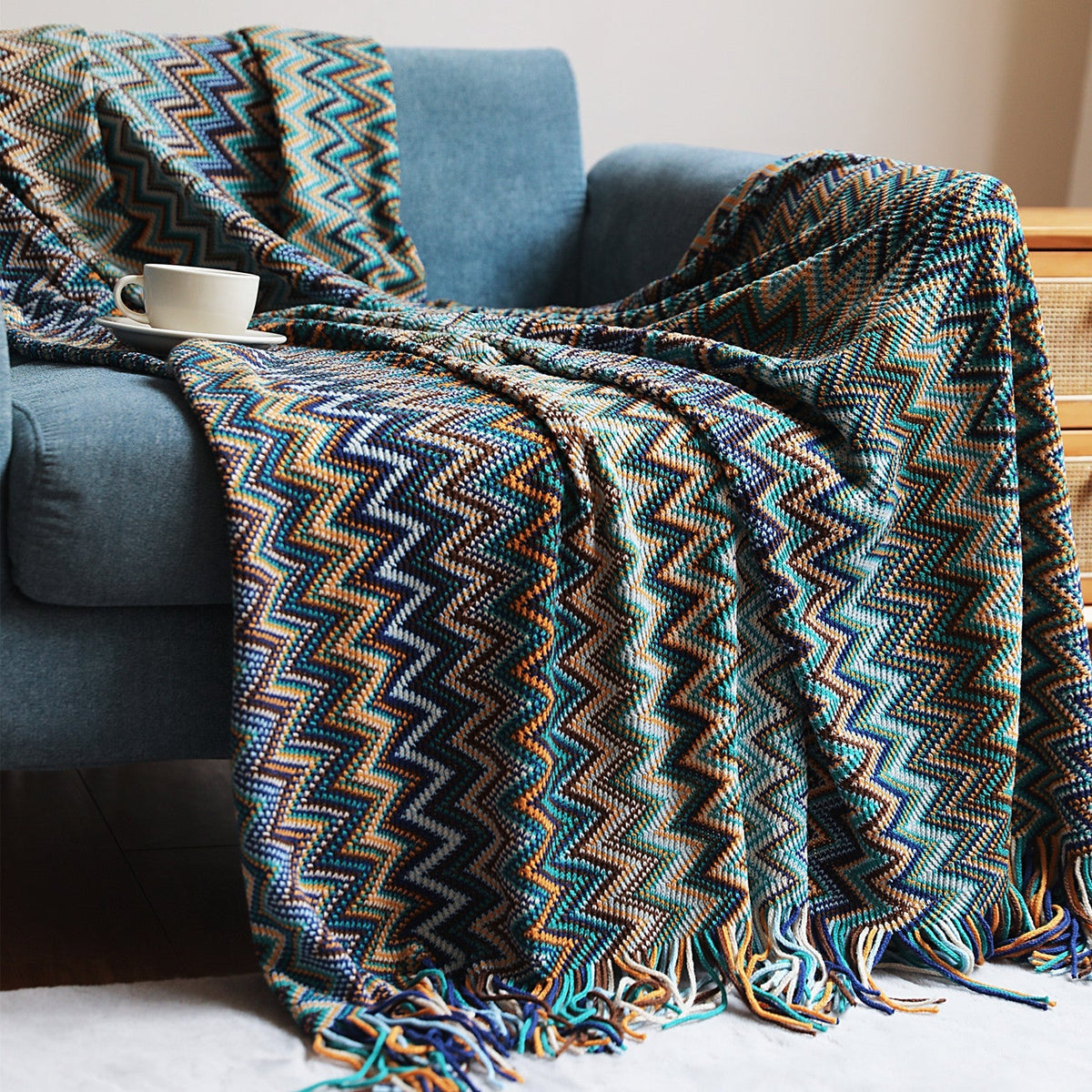Chevron Bedsprei Meerkleurig Handgebreid Boho Plaid Gebroken Wit Sprei Franje 130x180 Bankkleed Deken Woonkamer | Sulvida