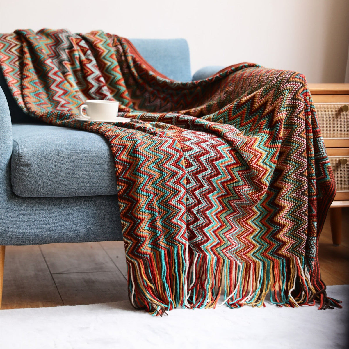 Chevron Bedsprei Meerkleurig Handgebreid Boho Plaid Gebroken Wit Sprei Franje 130x180 Bankkleed Deken Woonkamer | Sulvida