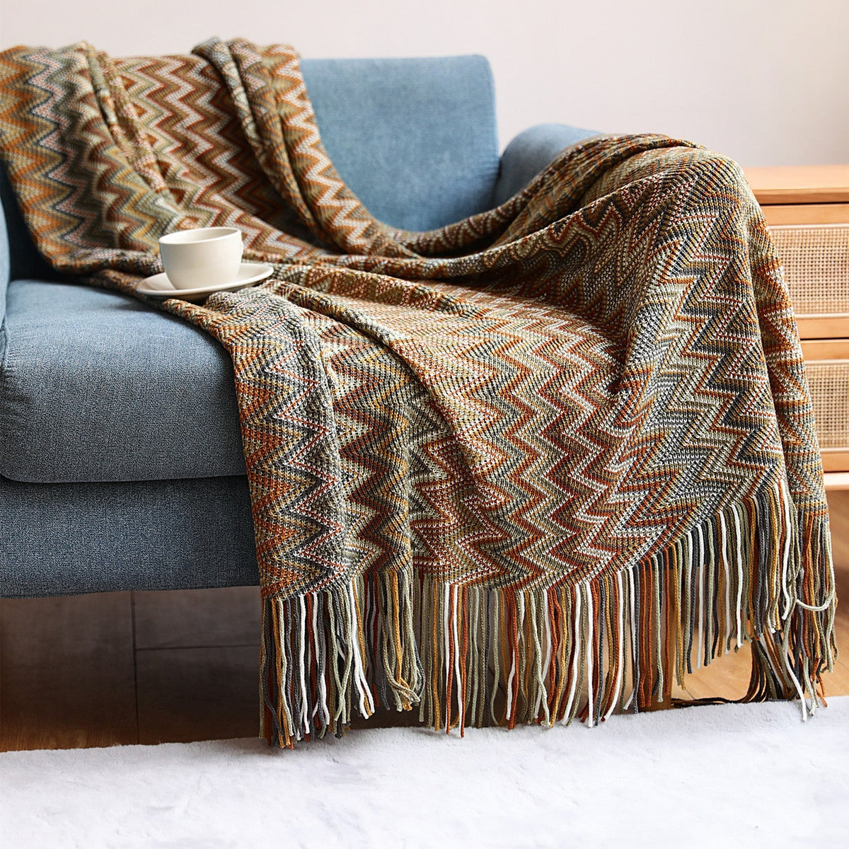 Chevron Bedsprei Meerkleurig Handgebreid Boho Plaid Gebroken Wit Sprei Franje 130x180 Bankkleed Deken Woonkamer | Sulvida