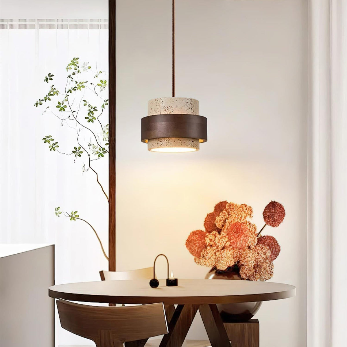 Hanglamp Travertijn Natuursteen Walnoothout Verstelbaar Eettafel Woonkamer Eetkamer Design Verlichting | Sulvida