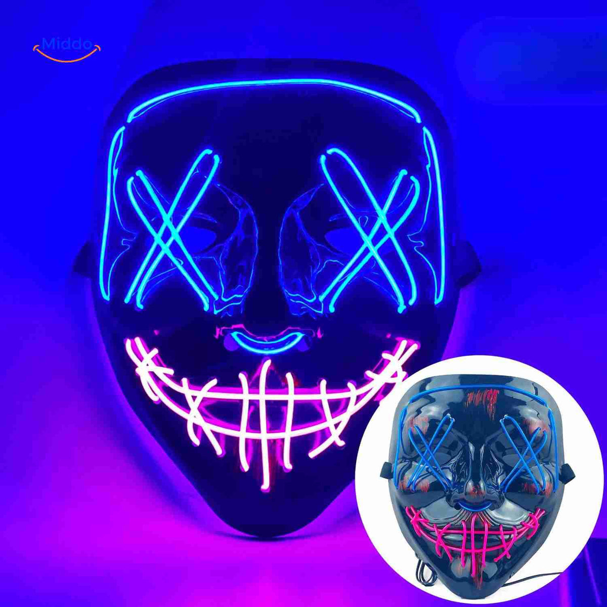 Lichtgevend LED-masker voor feesten en evenementen | Horror gezichtsmasker met EL-verlichting en aanpasbare bandjes | Sulvida