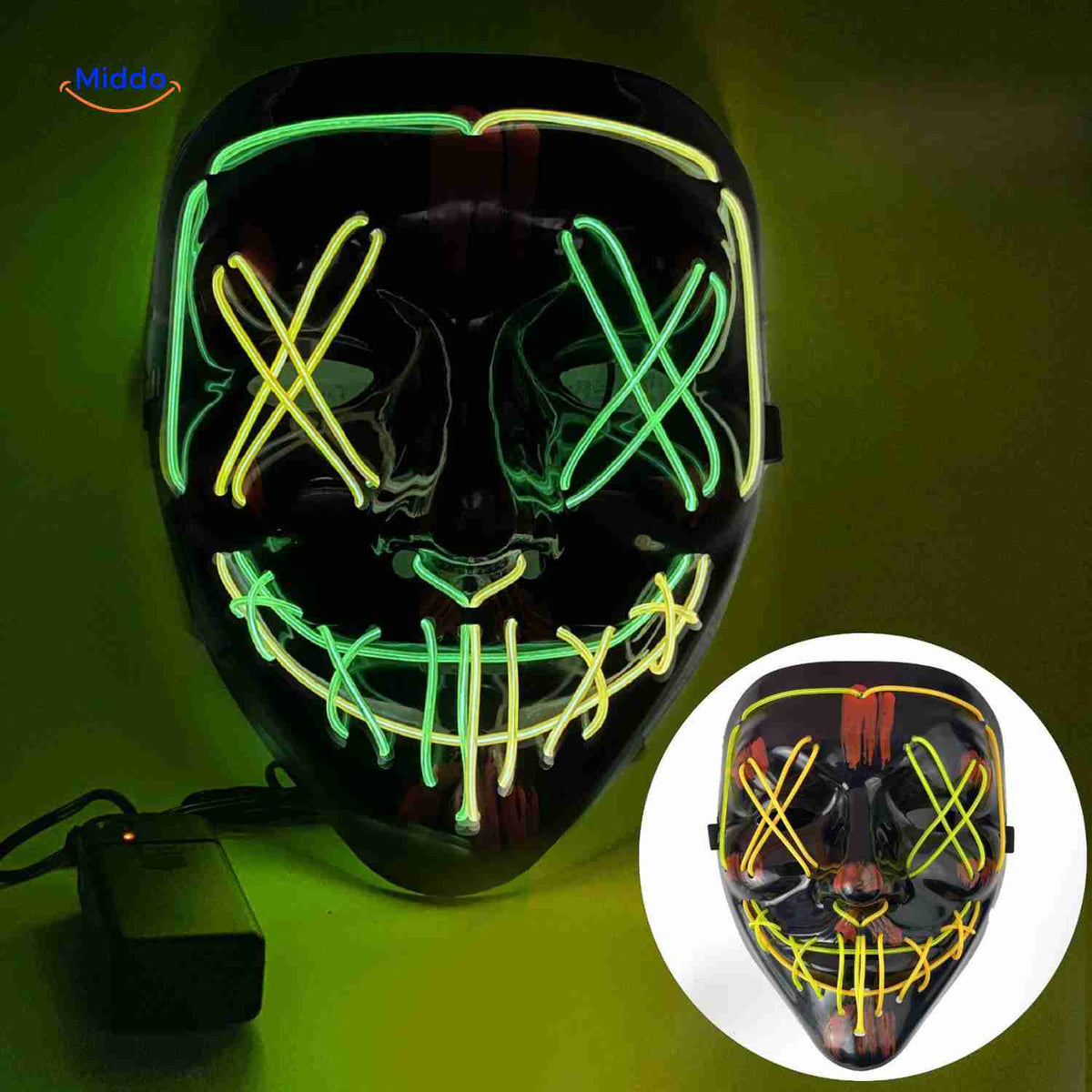 Lichtgevend LED-masker voor feesten en evenementen | Horror gezichtsmasker met EL-verlichting en aanpasbare bandjes | Sulvida