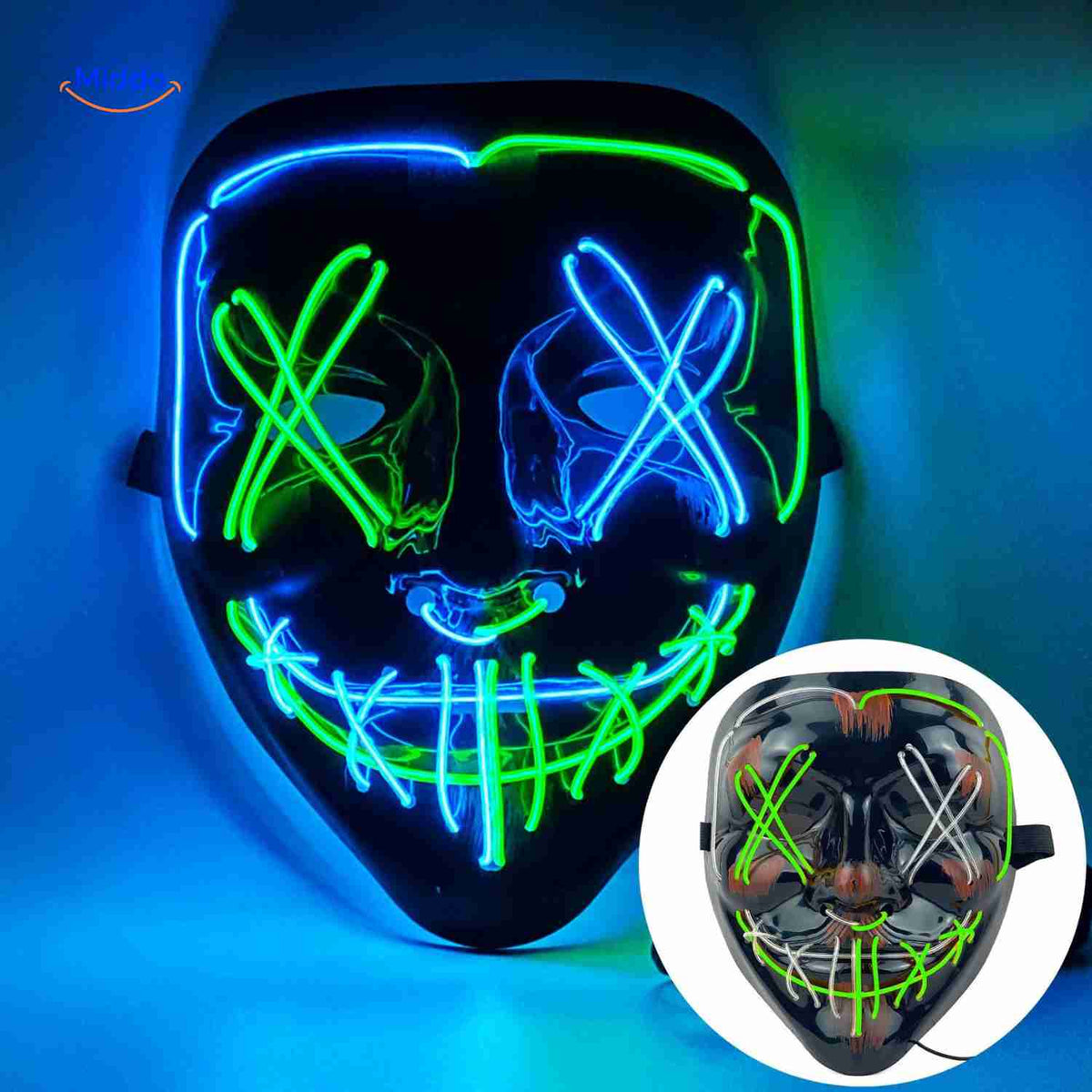 Lichtgevend LED-masker voor feesten en evenementen | Horror gezichtsmasker met EL-verlichting en aanpasbare bandjes | Sulvida
