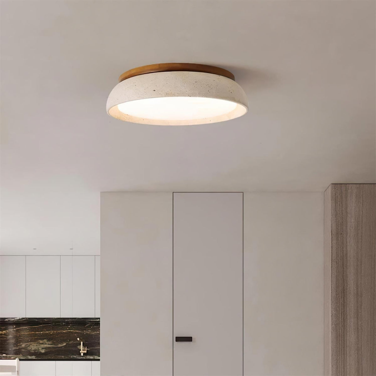 Plafondlamp natuursteen travertijn hout rond warm wit 3 maten modern design woonkamer slaapkamer hal | Sulvida