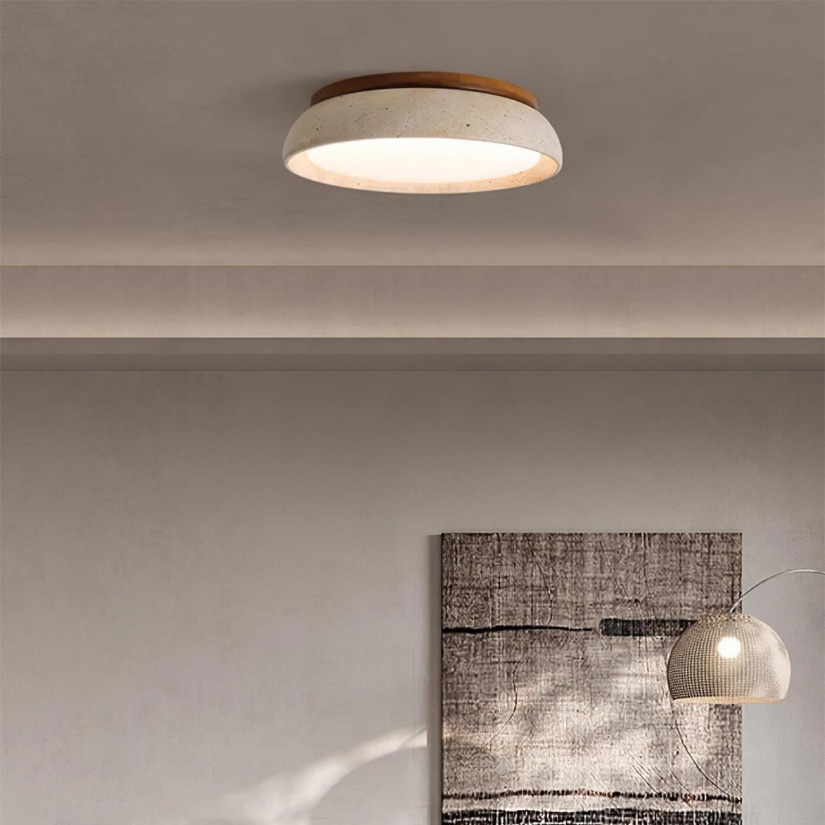 Plafondlamp natuursteen travertijn hout rond warm wit 3 maten modern design woonkamer slaapkamer hal | Sulvida