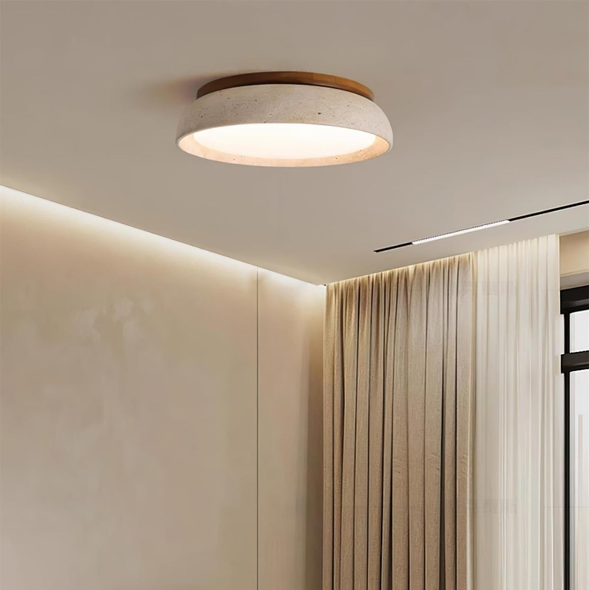 Plafondlamp natuursteen travertijn hout rond warm wit 3 maten modern design woonkamer slaapkamer hal | Sulvida