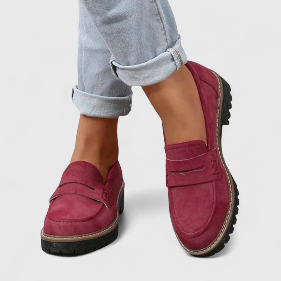 Mocassins à semelle plateforme et à grosse semelle crantée pour femme, style loafer avec bride penny, confort décontracté, noir rose | Sulvida