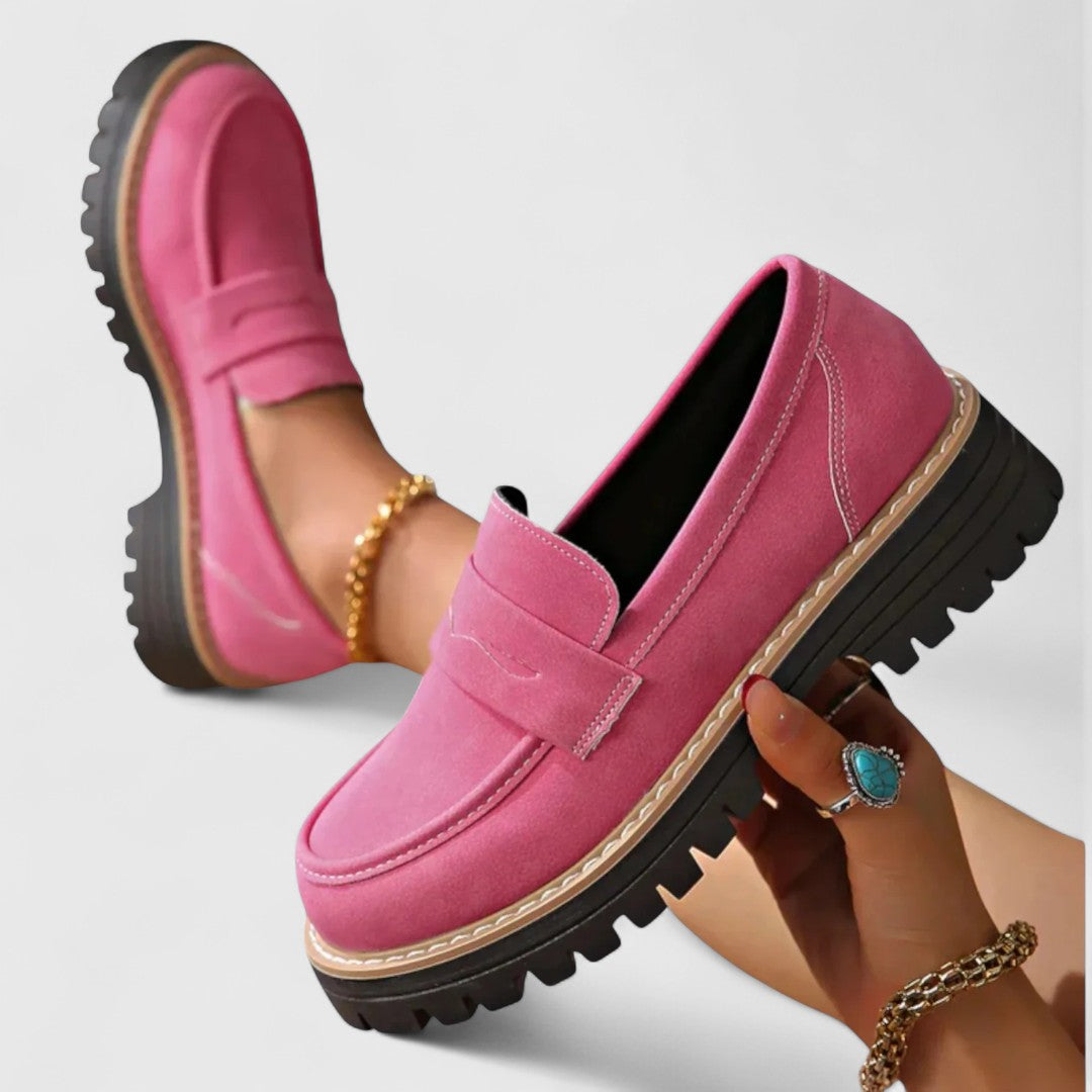 Mocassins à semelle plateforme et à grosse semelle crantée pour femme, style loafer avec bride penny, confort décontracté, noir rose | Sulvida