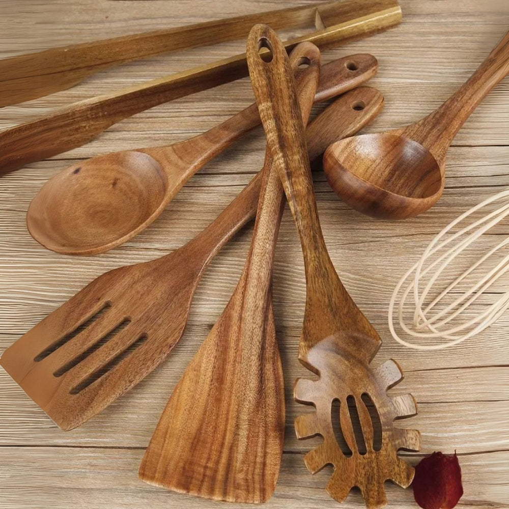 Houten Keukengerei Set 7-Delig Teakhout Hittebestendig Antiaanbak Kookgereedschap Duurzaam Keukenset | Sulvida