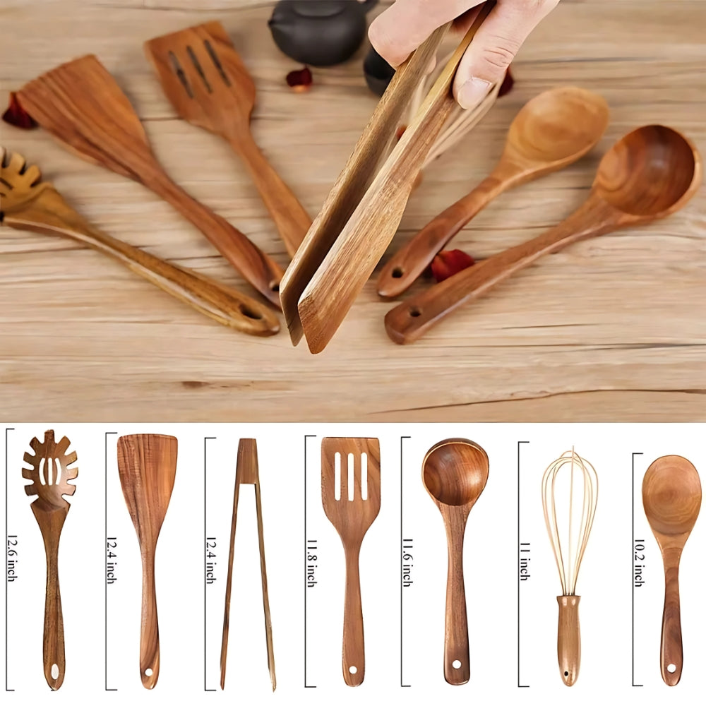 Houten Keukengerei Set 7-Delig Teakhout Hittebestendig Antiaanbak Kookgereedschap Duurzaam Keukenset | Sulvida