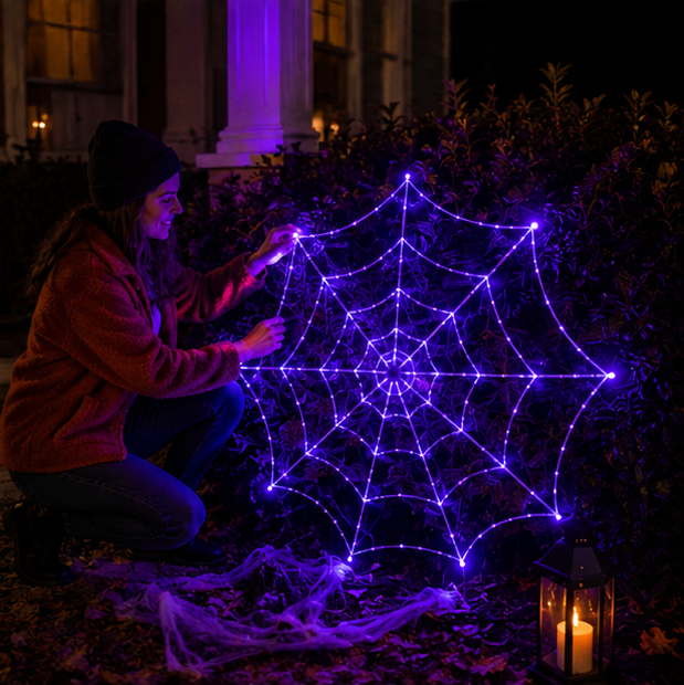 LED Spinnenweb Verlichting Paars 360cm Halloween Decoratie Binnen Buiten Sfeerverlichting Feestversiering | Sulvida