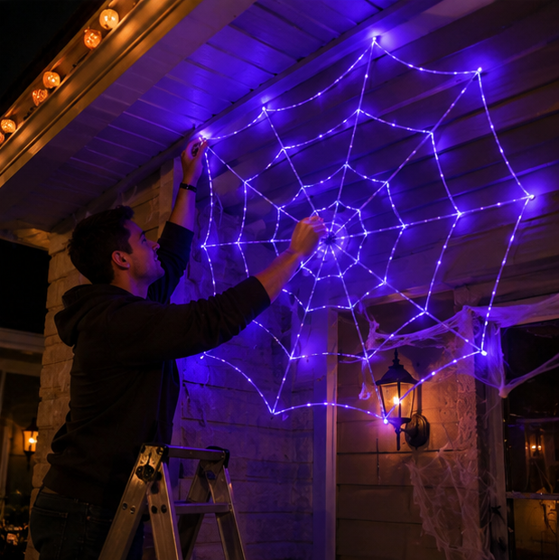 LED Spinnenweb Verlichting Paars 360cm Halloween Decoratie Binnen Buiten Sfeerverlichting Feestversiering | Sulvida