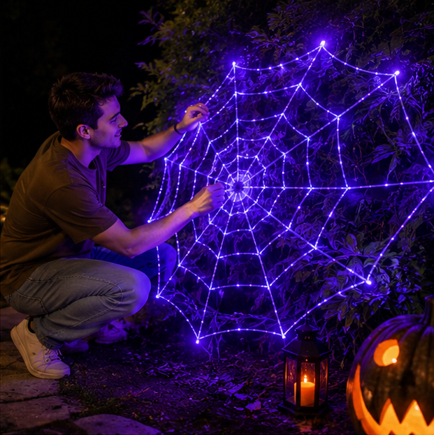 LED Spinnenweb Verlichting Paars 360cm Halloween Decoratie Binnen Buiten Sfeerverlichting Feestversiering | Sulvida