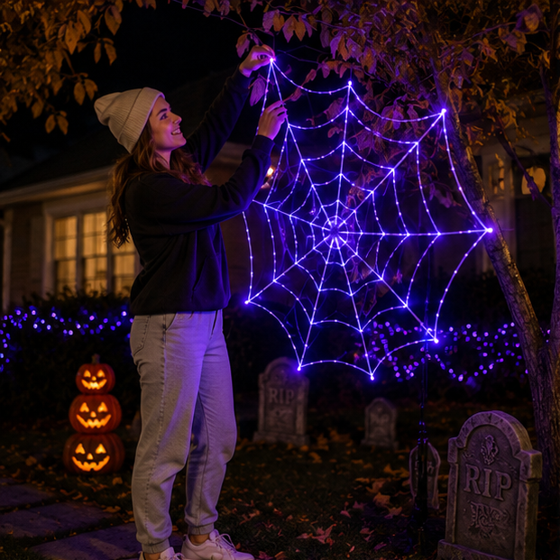 LED Spinnenweb Verlichting Paars 360cm Halloween Decoratie Binnen Buiten Sfeerverlichting Feestversiering | Sulvida