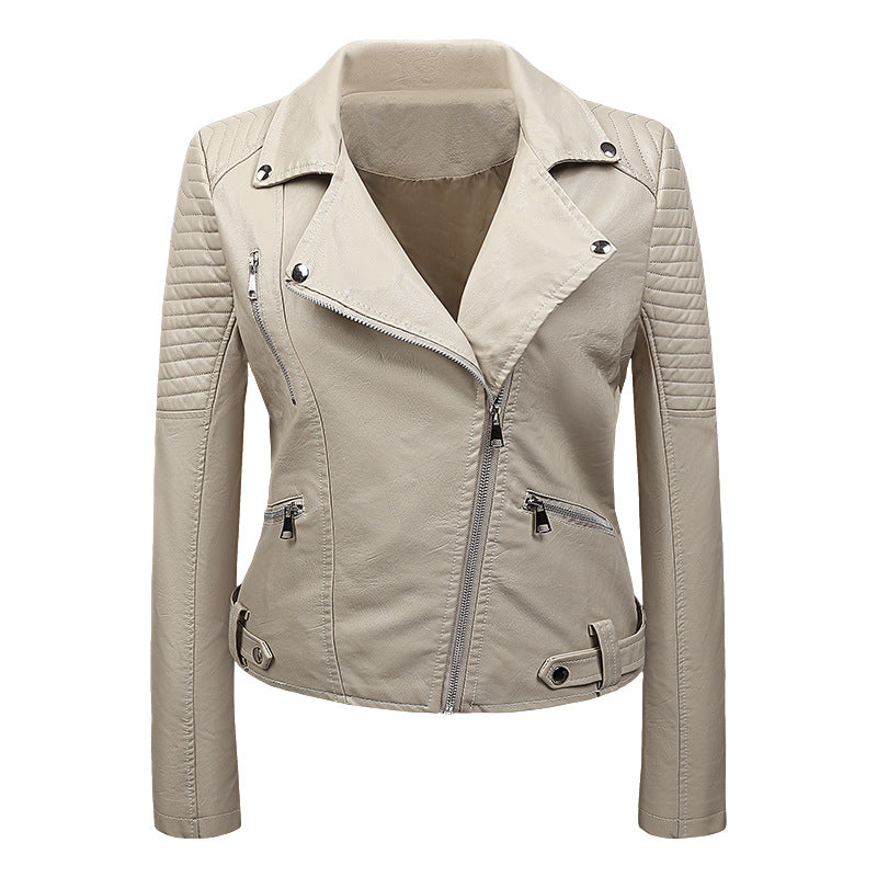 Leren Bikerjack Dames met Doorgestikte Mouwen Diagonale Rits Motorjack Zwart Beige Rood Bruin Echt Leer | Sulvida