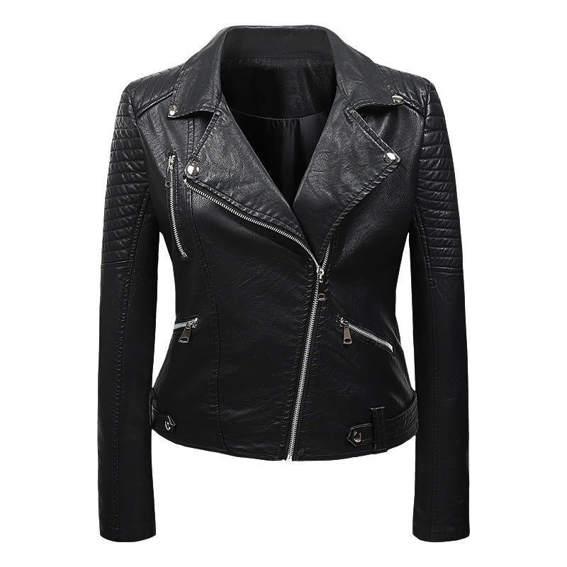Leren Bikerjack Dames met Doorgestikte Mouwen Diagonale Rits Motorjack Zwart Beige Rood Bruin Echt Leer | Sulvida