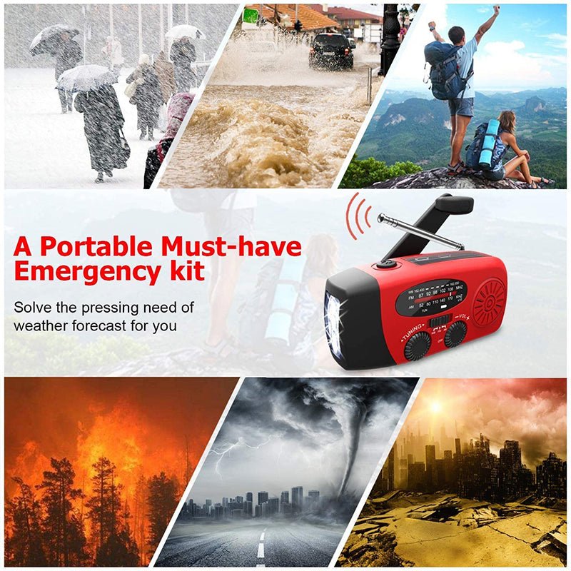 Noodradio met zaklamp en powerbank 2000 mAh zonne-energie handslinger FM AM USB oplaadbaar voor survival outdoor | Sulvida