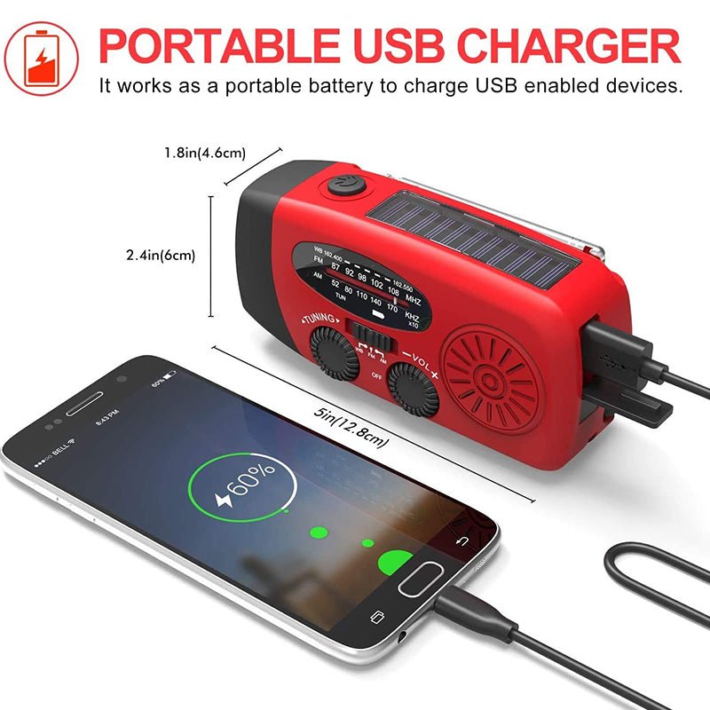 Noodradio met zaklamp en powerbank 2000 mAh zonne-energie handslinger FM AM USB oplaadbaar voor survival outdoor | Sulvida