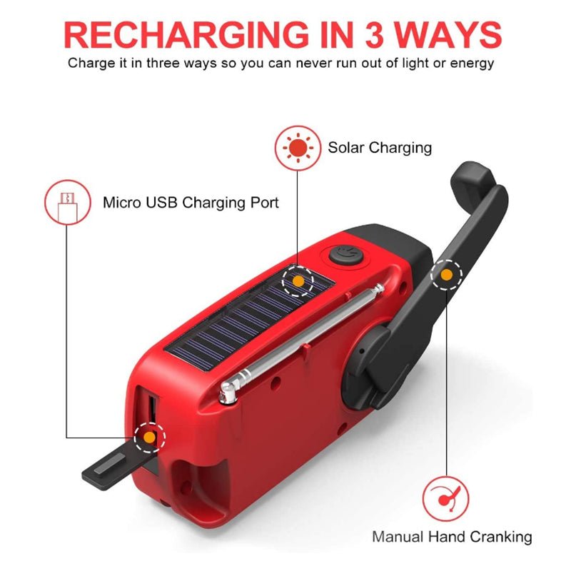 Noodradio met zaklamp en powerbank 2000 mAh zonne-energie handslinger FM AM USB oplaadbaar voor survival outdoor | Sulvida