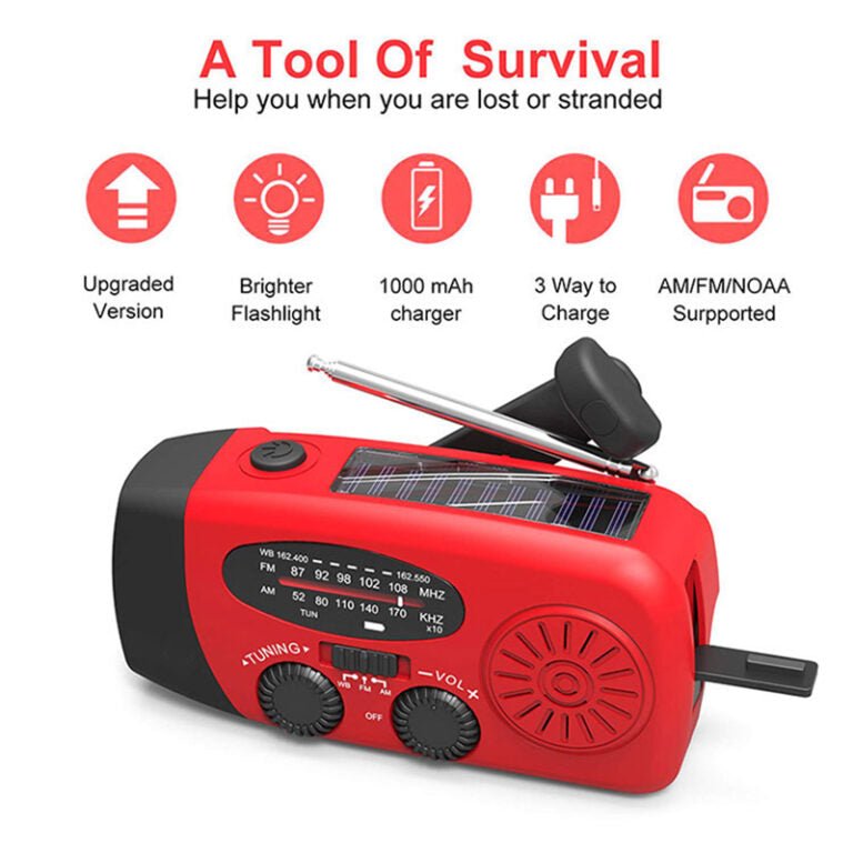 Noodradio met zaklamp en powerbank 2000 mAh zonne-energie handslinger FM AM USB oplaadbaar voor survival outdoor | Sulvida