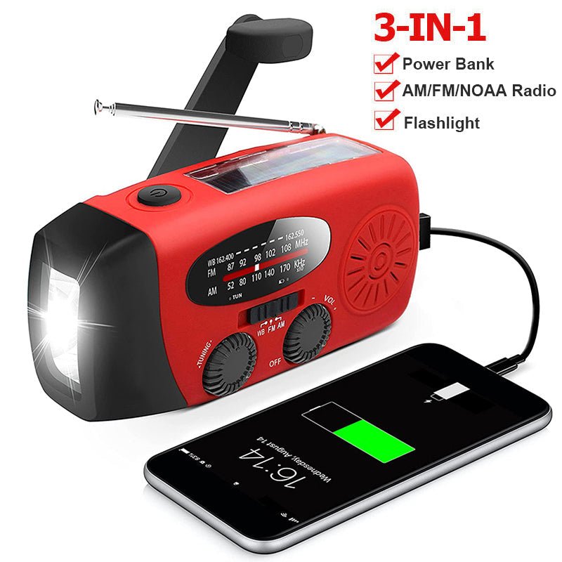 Noodradio met zaklamp en powerbank 2000 mAh zonne-energie handslinger FM AM USB oplaadbaar voor survival outdoor | Sulvida