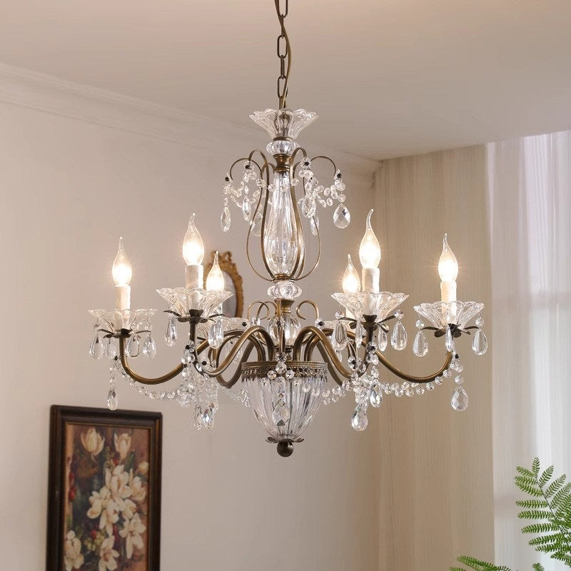 Kristallen Kroonluchter met Glazen Kappen Goudkleurig Ijzeren Frame Verstelbare Ketting Luxe Eetkamer Verlichting | Sulvida