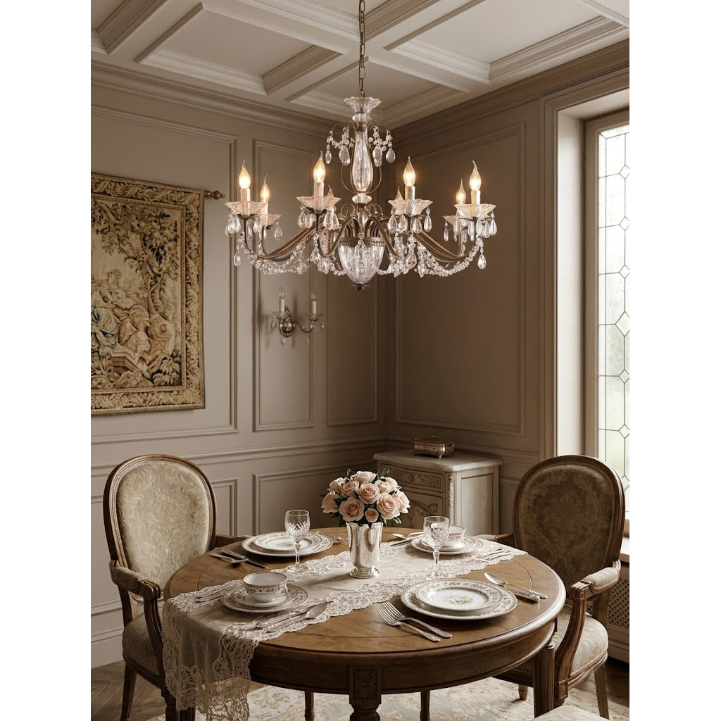 Kristallen Kroonluchter met Glazen Kappen Goudkleurig Ijzeren Frame Verstelbare Ketting Luxe Eetkamer Verlichting | Sulvida