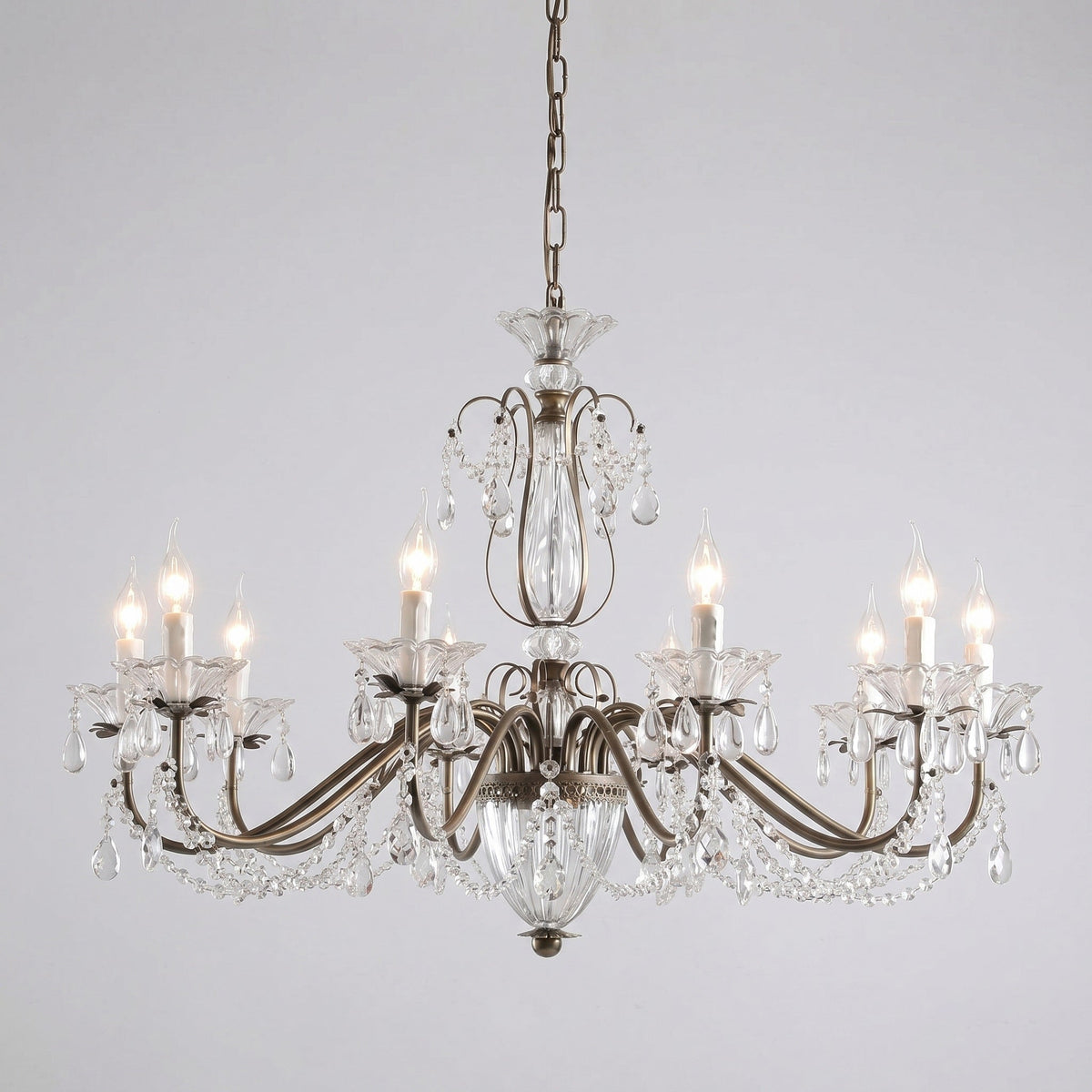 Kristallen Kroonluchter met Glazen Kappen Goudkleurig Ijzeren Frame Verstelbare Ketting Luxe Eetkamer Verlichting | Sulvida