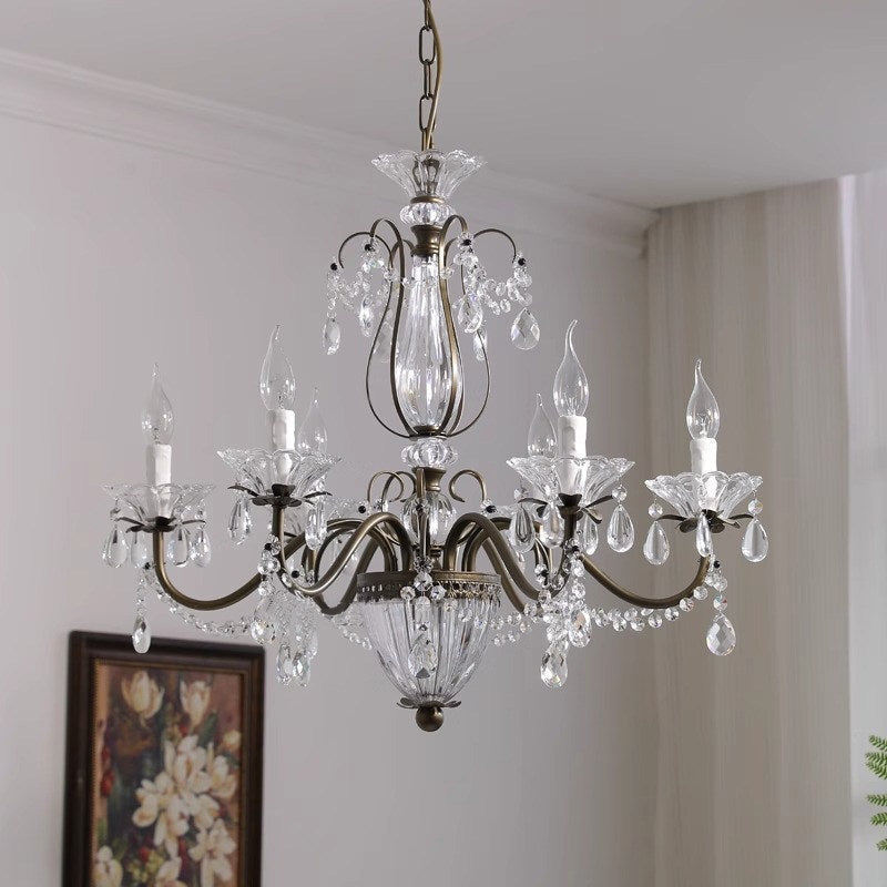 Kristallen Kroonluchter met Glazen Kappen Goudkleurig Ijzeren Frame Verstelbare Ketting Luxe Eetkamer Verlichting | Sulvida