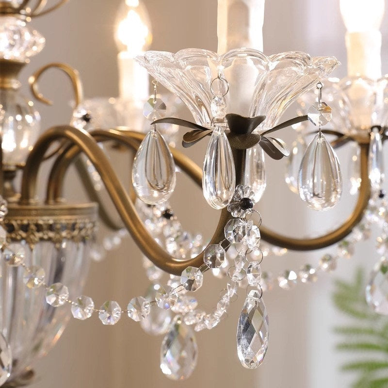 Kristallen Kroonluchter met Glazen Kappen Goudkleurig Ijzeren Frame Verstelbare Ketting Luxe Eetkamer Verlichting | Sulvida