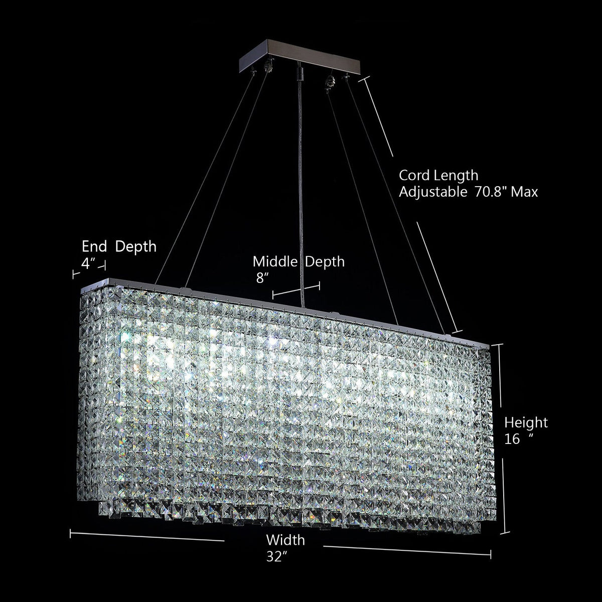 Rechthoekige kristallen kroonluchter chroom met dimfunctie eetkamer woonkamer moderne hanglamp interieur | Sulvida