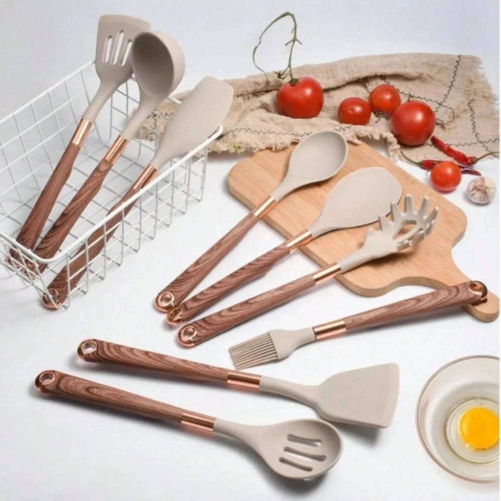 10-teiliges Silikon-Küchenset mit Holzoptik – komplettes Kochutensilien-Set, antihaftbeschichtet, für den täglichen Gebrauch | Sulvida