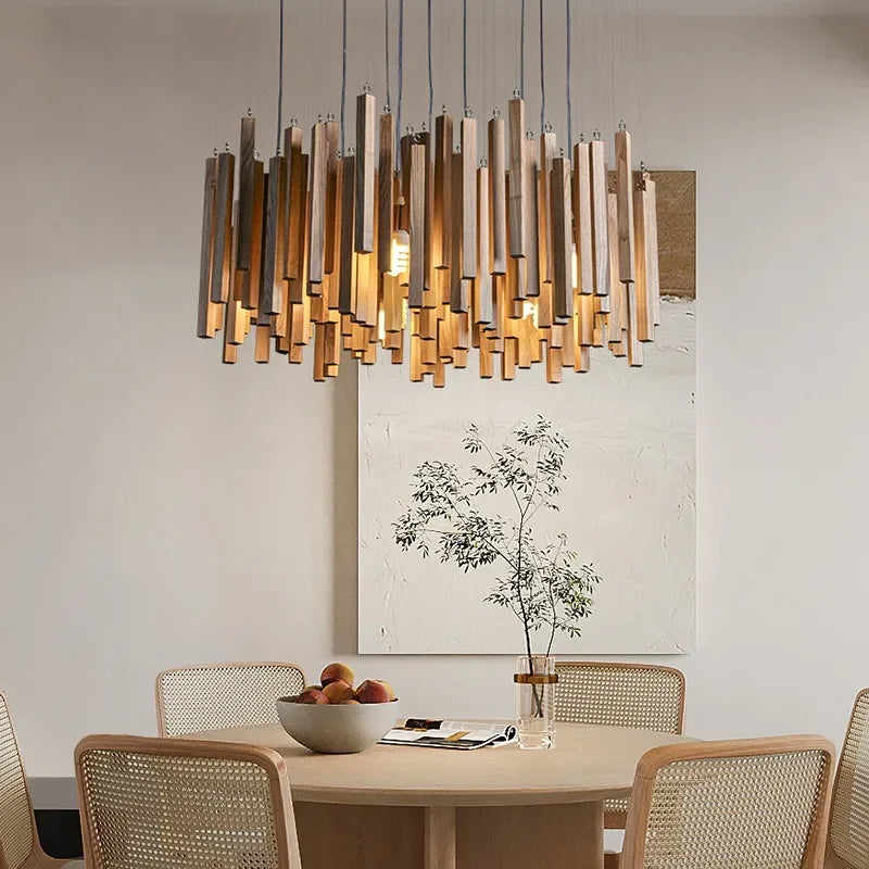 Houten Hanglamp Rond LED Kroonluchter Warm Licht Woonkamer Eetkamer Japans Minimalistisch Design Sfeerverlichting | Sulvida