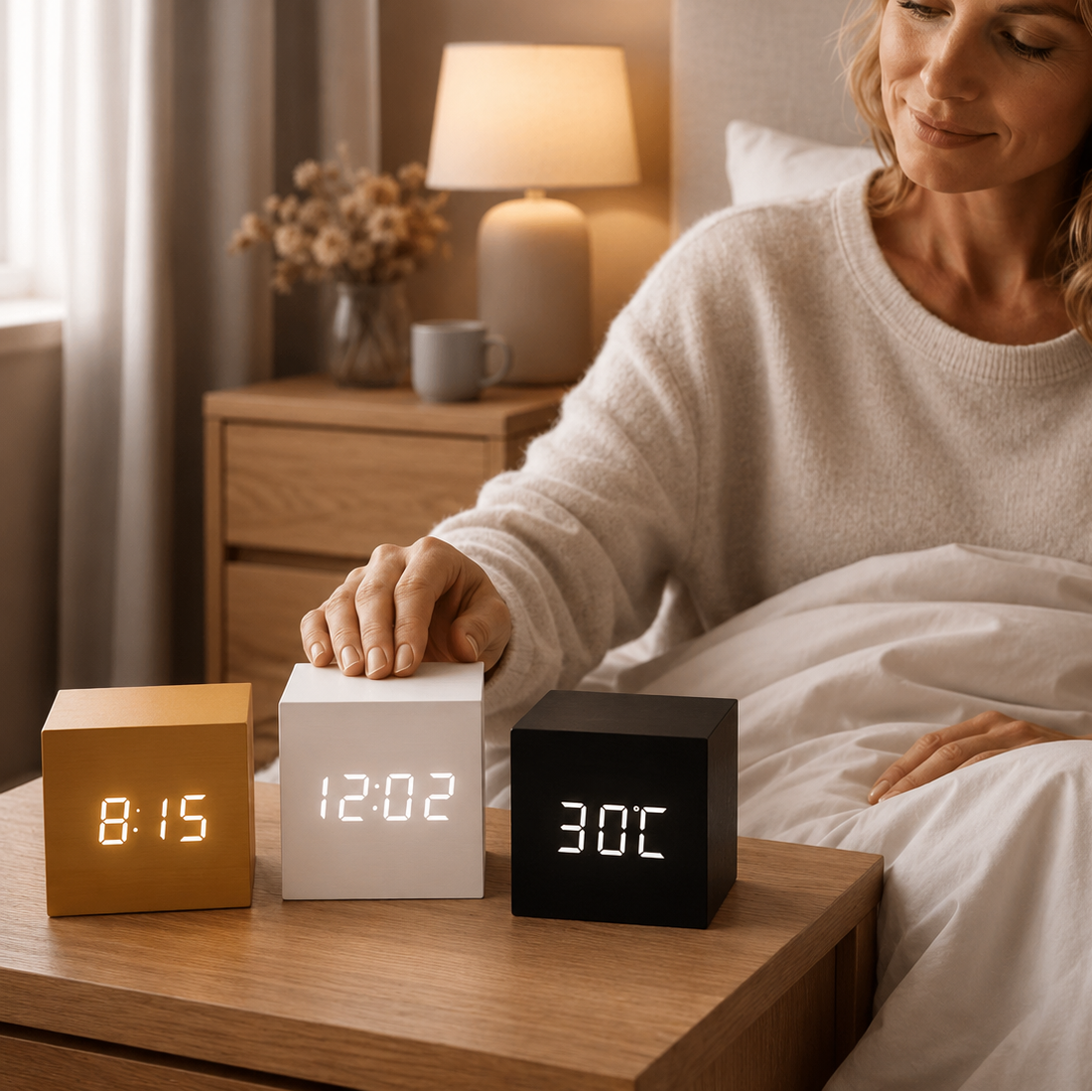 Houten LED Wekker Kubus met Geluidactivering Temperatuurweergave Alarm Functie voor Slaapkamer Nachtkastje | Sulvida