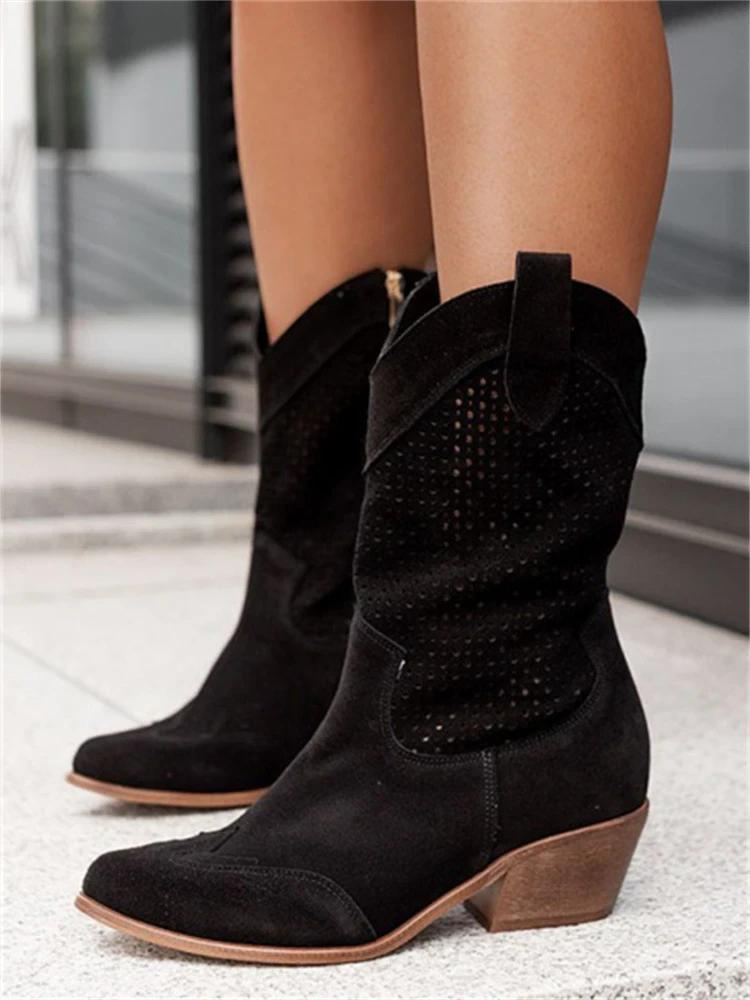Leren dames laarzen mid-calf western stijl met comfortvoering en rits bruin zwart wit voor dagelijks gebruik | Sulvida