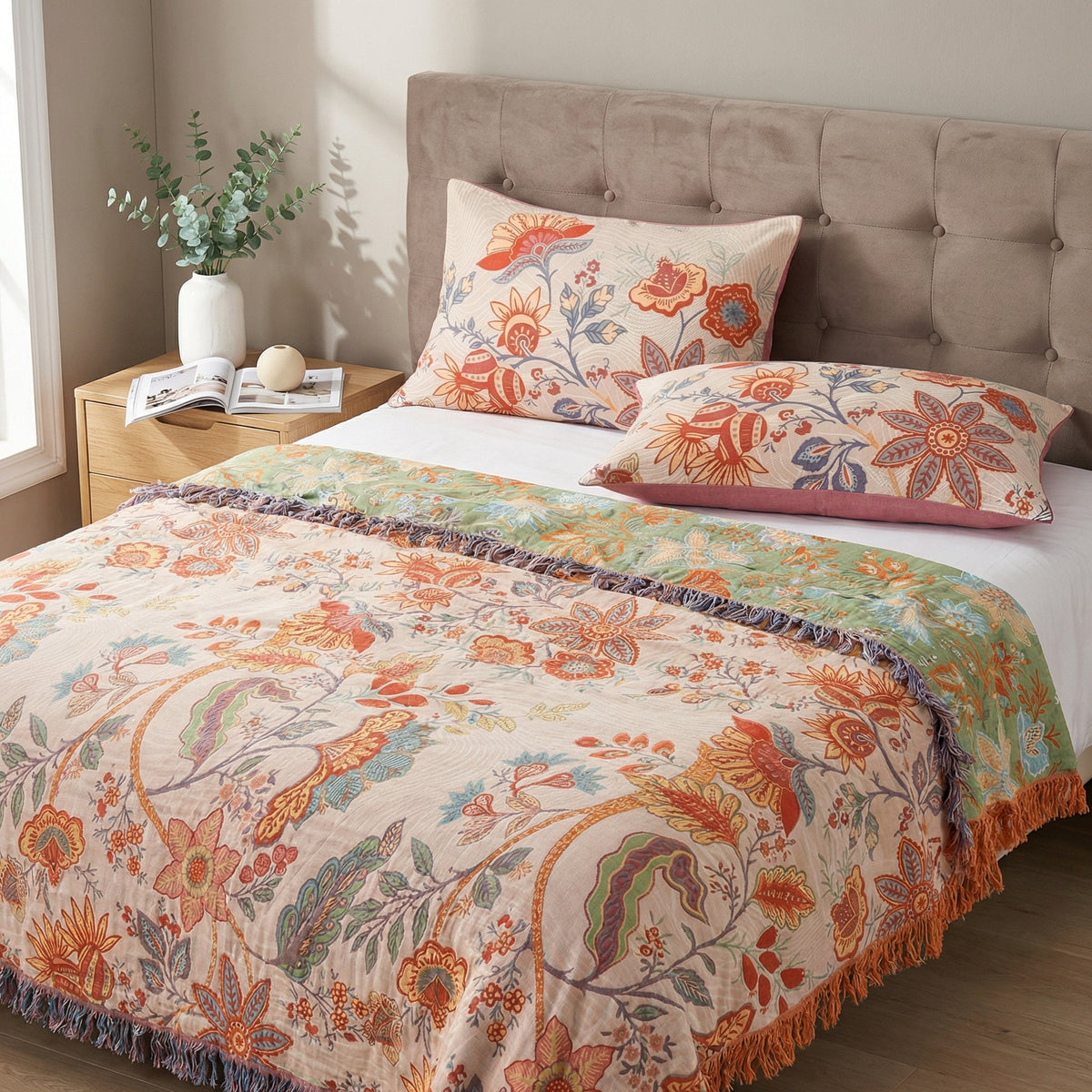 Katoenen Kussensloop Set met Botanisch Bloemenpatroon Boho-Stijl 52×75 cm Landelijke Slaapkamer 2 Stuks | Sulvida