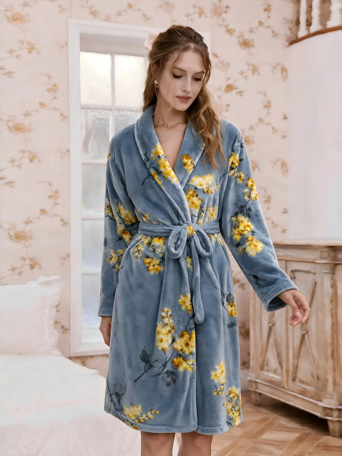 Badjas Dames Fleece Lang Warm met Ceintuur Ochtendjas Huisjasje Donkerblauw Loungewear Winterjas Badkamer | Sulvida