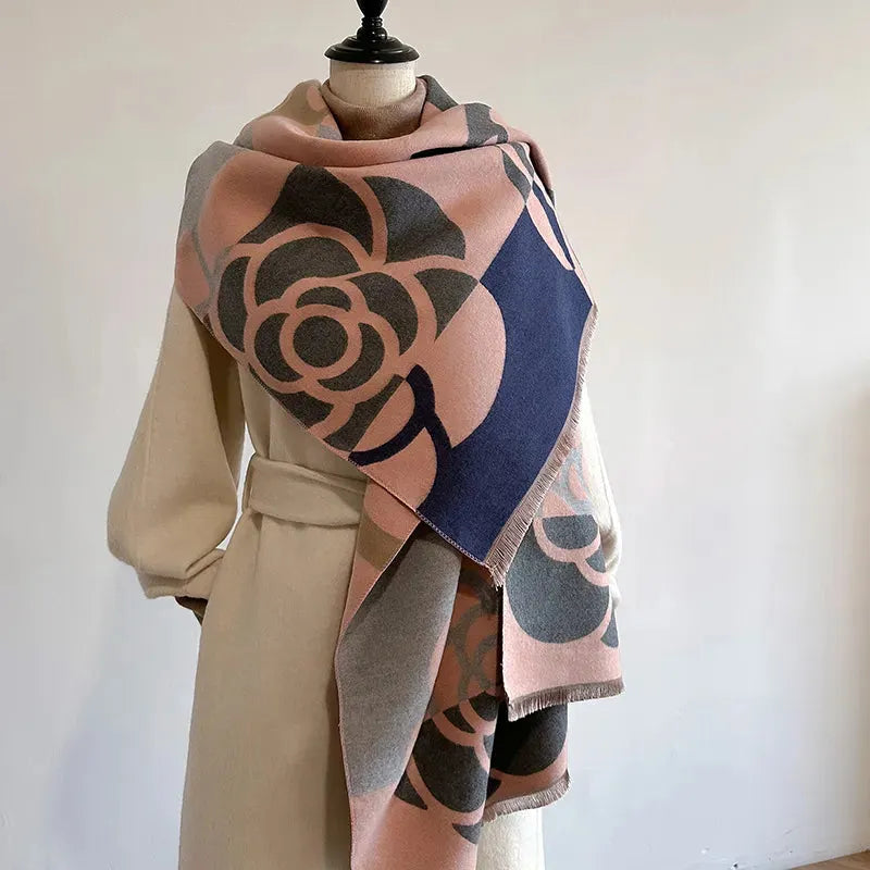 Dubbelzijdige Kasjmier Wintersjaal 185x65cm Bloemdesign Roze Oranje Grijs Dames Sjaal Warm Zacht Elegant | Sulvida