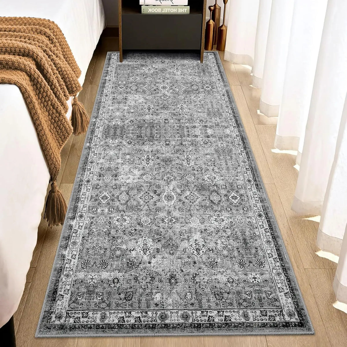 Vintage vloerkleed met korte pool grijs wasmachinebestendig antislip loopmat voor keuken hal en slaapkamer | Sulvida