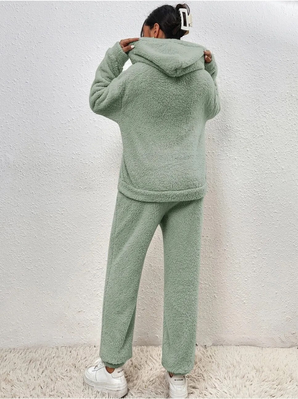 Teddy Huispak met Capuchon Kangoeroezak Dames Winter Loungewear Fleece Homewear Comfortset Relaxkleding | Sulvida