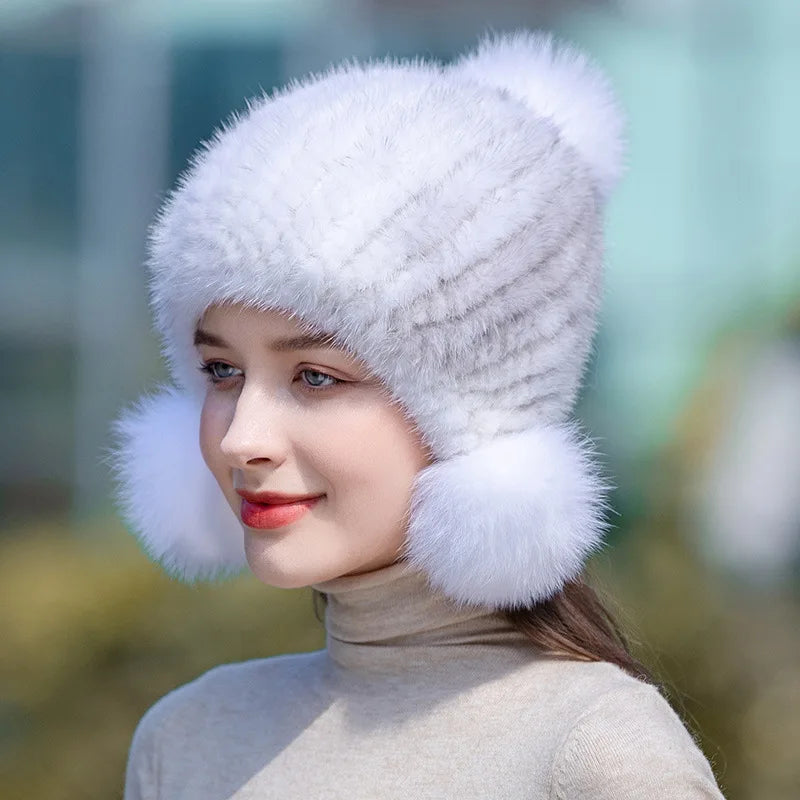 Gebreide Bontmuts Dames met Pompom Spiraalpatroon Wintermuts Herfst Winter Vrouwen Warm Luxe Echt Bont | Sulvida