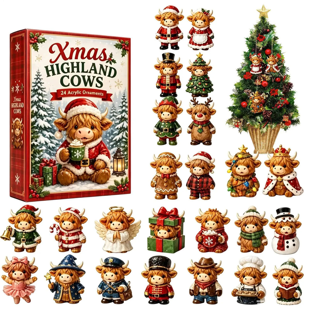 Kerst Adventskalender 24 stuks Highland Cow Kerst Countdown Kerstboom Highland Cow Ornamenten Hangers 2027