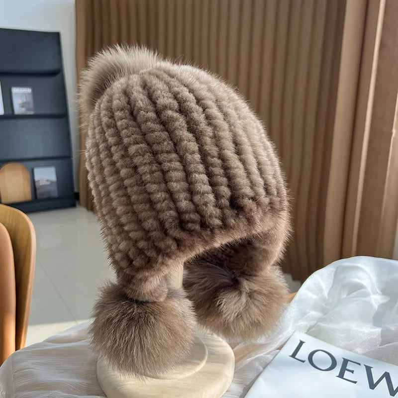 Gebreide Bontmuts Dames met Pompom Spiraalpatroon Wintermuts Herfst Winter Vrouwen Warm Luxe Echt Bont | Sulvida