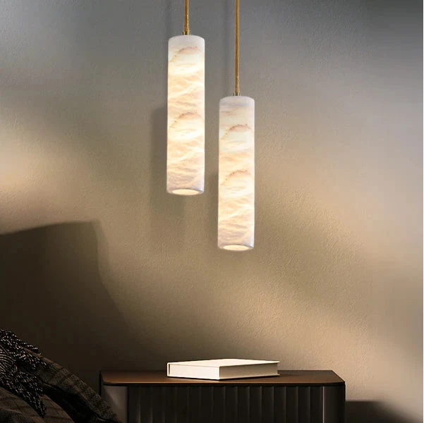 Hanglamp Albast Steen met Satijn Messing Cilinder Natuursteen Lichtdiffusie Warm LED Eetkamer Woonkamer | Sulvida