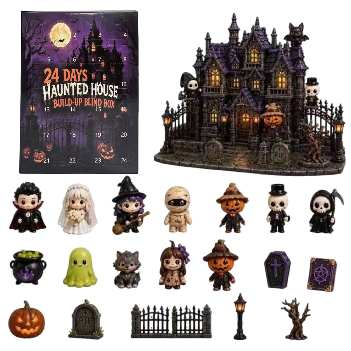 Halloween Aftelkalender 24 Dagen Spookhuis Minifiguren Verrassing Decoratie Thema Cadeauset Kinderen PVC | Sulvida